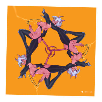 3futa ankle_grab armpits artist_name between_breasts black_thighhighs border breasts breasts_apart chain colored_skin criss-cross_straps cum demon_girl demon_horns demon_tail ejaculation erection expressionless fang from_side full-package_futanari full_body futanari glowing glowing_eyes harness high_heels highres horns intertwined_tails large_breasts large_penis leg_grab leg_on_another's_shoulder linked_piercing looking_at_viewer looking_to_the_side multiple_futa multiple_persona nipple_piercing nipples nude orange_background orange_eyes penis penis_piercing piercing red_skin short_hair simple_background symmetry tail tailbox testicles thighhighs triangle triskelion uncensored watermark white_border white_hair yellow_background