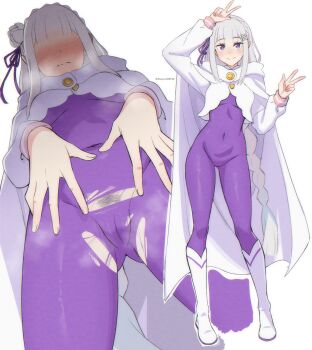 1girl absurdres blush bodysuit boots braid braided_ponytail cameltoe cape closed_mouth commentary covered_navel emilia_(re:zero) female_pubic_hair gluteal_fold grey_hair hair_ornament hair_ribbon highres kagironsfw long_hair looking_at_viewer multiple_views official_alternate_costume paid_reward_available pubic_hair purple_bodysuit purple_ribbon re:zero_kara_hajimeru_isekai_seikatsu ribbon simple_background smile torn_bodysuit torn_clothes very_long_hair white_background white_boots white_cape