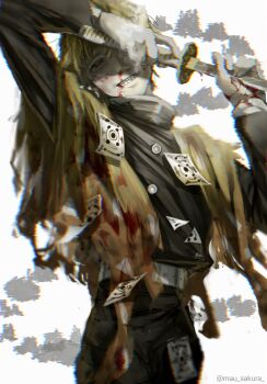 1boy agatsuma_zenitsu belt black_jacket black_pants bleeding blonde_hair blood blood_on_clothes blood_on_face blood_on_hands bloody_weapon cowboy_shot demon_slayer_uniform fighting_stance grin hands_up haori highres holding holding_sword holding_weapon injury jacket japanese_clothes katana kimetsu_no_yaiba long_hair long_sleeves looking_at_viewer male_focus mau_sakura ofuda ofuda_on_clothes one_eye_covered pants short_hair simple_background smile solo standing sword teeth torn_clothes twitter_username weapon white_background white_belt yellow_eyes yellow_haori