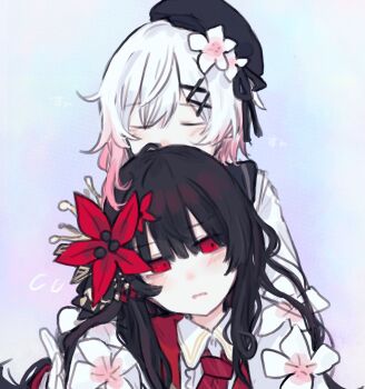 2girls beret black_hair black_hat closed_eyes commentary_request flower gradient_hair hair_flower hair_ornament hat highres hug hug_from_behind ka_shiori long_hair looking_at_viewer mahou_shoujo_no_majo_saiban multicolored_hair multiple_girls nikaido_hiro red_eyes red_flower sakuraba_ema short_hair smelling upper_body white_flower white_hair x_hair_ornament