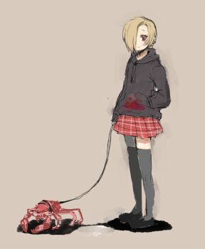 10s 1girl blood blood_on_clothes blood_splatter brown_hair crab earrings female_focus hair_over_one_eye hood hoodie idolmaster idolmaster_cinderella_girls jewelry leash long_sleeves ofuro_mantarou red_eyes shirasaka_koume short_hair simple_background skirt sleeves_past_wrists solo thighhighs zettai_ryouiki