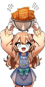 Rule 34 | :d, absurdres, ahoge, apron, arms up, asymmetrical legwear, black thighhighs, blue apron, blue eyes, blue sailor collar, blue skirt, bowl, brown hair, cardigan, character name, collarbone peek, cowboy shot, double-parted bangs, english text, food, greggs, hair between eyes, hair ornament, hair ribbon, happy, heart, heart hair ornament, highres, holding, holding bowl, long sleeves, miniskirt, name tag, neuro-sama, no nose, notice lines, nythlinvt, open mouth, pleated skirt, red ribbon, ribbon, sailor collar, school uniform, serafuku, simple background, skirt, smile, thighhighs, two side up, vedal ai, white background, yellow cardigan