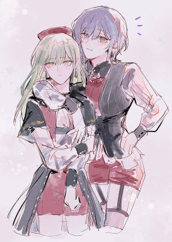 Rule 34 | 2girls, absurdres, amoris (bang dream!), bang dream!, bang dream! it's mygo!!!!!, beret, black skirt, black vest, blush, brooch, closed mouth, commentary, cropped legs, garter straps, green hair, hand around neck, hand on own hip, hat, highres, jewelry, long hair, long sleeves, maybecrosswise, multiple girls, necklace, pink theme, purple hair, red eyes, red hat, red shirt, red shorts, shirt, short hair, shorts, showgirl skirt, skirt, vest, wakaba mutsumi, yellow eyes, yuutenji nyamu