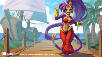 1girl alanscampos animal_ears blue_eyes breasts earrings furry harem_pants high_ponytail highres hoop_earrings jewelry long_hair monkey monkey_ears monkey_girl monkey_tail o-ring o-ring_top pants ponytail purple_hair see-through_clothes shantae shantae_(series) tail vambraces