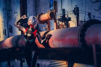 ayanami_rei ayanami_rei_(cosplay) black_suit cosplay formal_clothes glico_happy highres looking_up neon_genesis_evangelion rust suit tubes