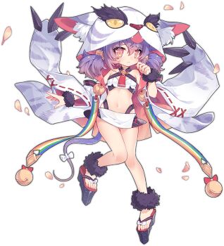 1girl animal_ear_fluff animal_ears animal_hood ankle_cuffs ark_order bell blush crop_top detached_sleeves full_body fur_cuffs geta hair_ornament hairclip hood ibex jingle_bell long_sleeves looking_at_viewer midriff miniskirt multicolored_hair nue_(ark_order) official_art platform_clogs purple_hair rainbow_print red_eyes red_footwear red_ribbon ribbon ribbon-trimmed_sleeves ribbon_trim shirt short_twintails sidelocks skirt solo streaked_hair tachi-e thigh_strap transparent_background twintails white_shirt white_skirt wide_sleeves wrist_cuffs