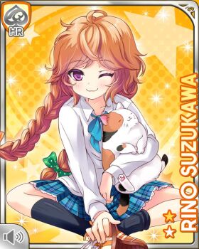 1girl ahoge bow braid brown_hair card_(medium) cat character_name closed_mouth collarbone day girlfriend_(kari) green_bow hair_ribbon official_art one_eye_closed outdoors plaid_clothes plaid_skirt pleated_skirt polka_dot polka_dot_bow purple_eyes qp:flapper ribbon school_uniform shoes sitting skirt smile socks solo suzukawa_rino twin_braids yellow_background