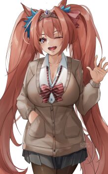 1girl animal_ears black_pantyhose blush bow breasts brown_cardigan brown_hair cardigan collared_shirt daiwa_scarlet_(umamusume) fang hair_between_eyes hair_intakes highres horse_ears horse_girl horse_tail large_breasts long_hair looking_at_viewer one_eye_closed open_mouth pantyhose pleated_skirt pururin_2000 red_bow red_eyes shirt simple_background skirt smile solo tail teeth tiara twintails umamusume very_long_hair white_shirt