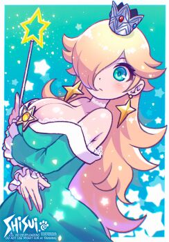 1girl alternate_breast_size_(larger) arm_under_breasts artist_name bare_shoulders blonde_hair blue_background blue_dress blue_eyes border breasts brooch cleavage closed_mouth commentary_request crown dress earrings hair_over_one_eye highres holding holding_wand jewelry large_breasts long_hair long_sleeves mario_(series) nintendo off-shoulder_dress off_shoulder outside_border rosalina shisui solo star_(symbol) star_brooch star_earrings very_long_hair wand white_border