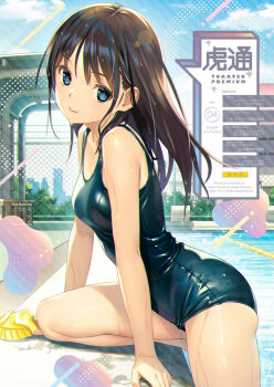 1girl black_hair blue_eyes blue_one-piece_swimsuit blue_sky breasts cloud commentary_request day koutaro long_hair one-piece_swimsuit original outdoors pool poolside school_swimsuit sky small_breasts smile solo swimsuit translation_request unworn_swim_cap