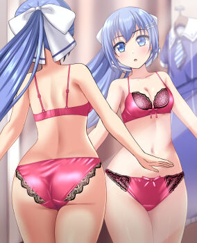 1girl :o absurdres ass back blue_eyes blue_hair blurry blurry_background blush bow bow_bra bow_panties bra breasts cleavage commentary_request commission crotch_seam depth_of_field fitting_room frilled_bra frilled_panties frills hair_ornament hair_ribbon hairclip highres indoors lingerie looking_at_viewer navel original panties partial_commentary pixiv_commission ponytail red_bra red_panties reflection ribbon school_uniform small_breasts solo standing underwear underwear_only unworn_clothes white_ribbon zanntetu