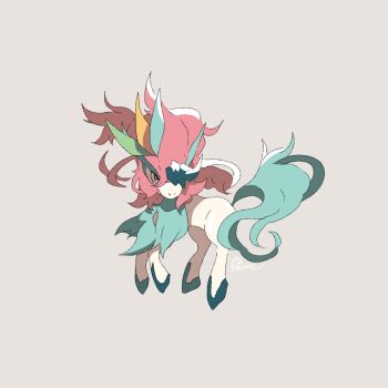 animal_focus closed_mouth commentary_request full_body gen_5_pokemon grey_background highres hosinyanko keldeo keldeo_(resolute) legendary_pokemon mythical_pokemon nintendo no_humans nostrils pokemon pokemon_(creature) red_eyes signature simple_background solo