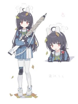 1girl animal_ears black_gloves black_hair blue_archive blush bolt_action closed_mouth fake_animal_ears gloves green_neckerchief gun halo highres holding holding_gun holding_weapon knee_pads leaf leaf_on_head long_hair long_sleeves miyu_(blue_archive) mosin-nagant multiple_views neckerchief open_mouth pantyhose pleated_skirt red_eyes rifle sailor_collar shoes simple_background single_knee_pad skirt sneakers standing tori_kawayu weapon white_background white_pantyhose white_sailor_collar white_shoes