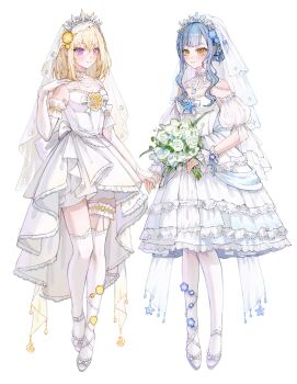 2girls absurdres artist_request bang_dream! bang_dream!_it&#039;s_mygo!!!!! blonde_hair blue_hair blush bouquet bridal_veil chinese_commentary closed_mouth commentary_request commission detached_sleeves dress elbow_gloves flower full_body garter_straps gloves hair_between_eyes hand_up highres holding holding_bouquet holding_hands long_hair medium_hair misumi_uika multiple_girls pantyhose purple_eyes second-party_source shoes short_hair_with_long_locks sidelocks simple_background sleeveless sleeveless_dress thigh_strap thighhighs togawa_sakiko veil wedding_dress white_background white_dress white_flower white_gloves white_pantyhose white_shoes white_thighhighs white_wrist_cuffs wife_and_wife wrist_cuffs yellow_eyes yuri