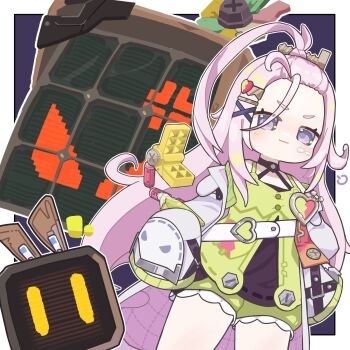 1girl ahoge aino_(genshin_impact) anger_vein bangs_pinned_back black_choker black_dress bloomers blush border choker closed_mouth coat commentary_request cowboy_shot dress food food_on_face genshin_impact green_dress hair_ornament hairclip halter_dress halterneck highres huge_ahoge lab_coat long_hair long_sleeves looking_at_viewer off_shoulder open_clothes open_coat outside_border pink_hair purple_background purple_eyes robot screw_hair_ornament short_eyebrows sidelocks sleeveless sleeveless_dress sleeves_past_fingers sleeves_past_wrists smile solo standing ta93ura underwear v-shaped_eyebrows very_long_hair white_border white_coat x_hair_ornament