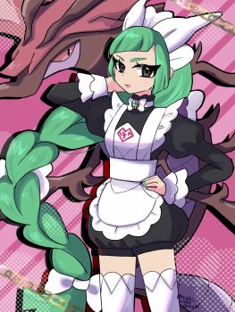 1girl apron black_romper bow bowtie braid braided_ponytail closed_mouth colored_sclera dragalge gen_6_pokemon green_hair green_nails grey_eyes highres leafy_seadragon lebanne_(pokemon) long_hair long_sleeves looking_at_viewer maid maid_apron maid_headdress mega_stone nintendo pokemon pokemon_(creature) pokemon_legends:_z-a puffy_sleeves red_sclera romper saki_pokeoekaki thighhighs very_long_hair white_bow white_bowtie white_thighhighs