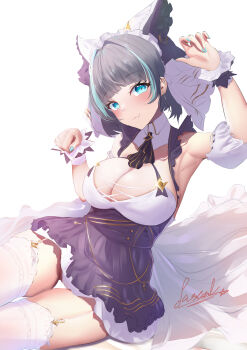 1girl absurdres animal_ears apron aqua_streaks azur_lane blue_eyes breasts cheshire_(azur_lane) cleavage detached_sleeves fake_animal_ears garter_straps highres large_breasts looking_at_viewer maid_headdress multicolored_hair pascalza123 puffy_detached_sleeves puffy_short_sleeves puffy_sleeves purple_apron short_hair short_sleeves signature simple_background sitting solo streaked_hair thighhighs white_background white_garter_straps white_thighhighs wrist_cuffs