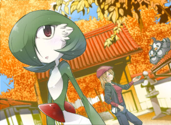 2girls autumn autumn_leaves belt_pouch berry bird bird_feeding black_coat blonde_hair blue_sky blurry blurry_background coat curious dappled_sunlight dutch_angle facing_to_the_side food gardevoir gen_3_pokemon gen_4_pokemon green_hair grey_eyes grey_hoodie grey_pants hair_over_one_eye hand_on_own_hip hat holding holding_food hood hoodie house kaeru_ace leaf leaning_to_the_side long_sleeves looking_ahead looking_at_another looking_to_the_side multiple_girls newsboy_cap nintendo offering_hand open_clothes open_coat open_hand outdoors outstretched_arm pants pokemon pokemon_(creature) pouch red_eyes red_hat red_sweater sky sleeves_rolled_up smile starly sunlight sweater temple tree walking