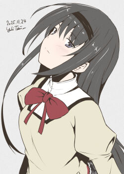 1girl akemi_homura black_hair bow bowtie dated grey_eyes grey_shirt highres juliet_sleeves long_hair long_sleeves mahou_shoujo_madoka_magica mahou_shoujo_madoka_magica_(anime) mitakihara_school_uniform puffy_sleeves red_bow red_bowtie school_uniform shirt simple_background solo taira_yuuki twitter_username white_background