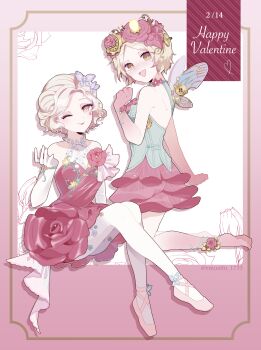 Rule 34 | 2girls, absurdres, ankle flower, anklet, artist name, ballet slippers, bare shoulders, barefoot, beads, blonde hair, blue shirt, breasts, colored extremities, commentary request, dated, dress, earrings, elbow gloves, emuaitu 1733, fairy wings, flower, flower dress, gears, gloves, hair flower, hair ornament, hand up, happy valentine, highres, identity v, invisible chair, jewelry, lips, looking at viewer, margaretha zelle, margaretha zelle (sylphide), medium breasts, mini wings, multiple girls, one eye closed, open mouth, pantyhose, parted bangs, pink background, pink dress, pink shoes, pink skirt, plant, red flower, red lips, shirt, shoes, short hair, sitting, skirt, sleeveless, sleeveless dress, small breasts, smile, tracy reznik, tracy reznik (everlasting flower), vines, white background, white gloves, white pantyhose, wings