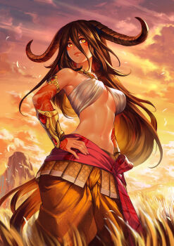 Rule 34 | 1girl, arm tattoo, armlet, bare shoulders, blurry, bracer, breasts, brown hair, cloud, commentary request, depth of field, female focus, field, goat horns, hair between eyes, hand on own hip, highres, horns, jewelry, large breasts, long hair, looking away, navel, necklace, original, outdoors, patipat asavasena, skirt, sky, solo, standing, stomach, tattoo, underboob, very long hair, wind, yellow eyes