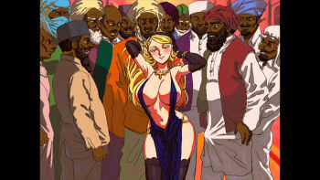 Rule 34 | 1girl, 6+boys, arabian clothes, armpits, arms up, beard, black bridal gauntlets, black thighhighs, blonde hair, breasts, bridal gauntlets, commentary, dark-skinned male, dark skin, facial hair, fat, fat man, fukumei, huge breasts, india, interracial, islam, jewelry, mahou tsukai no yome, multiple boys, mustache, plunging neckline, revealing clothes, surrounded, thighhighs, turban, ugly bastard, veronica rickenbacker, very dark skin