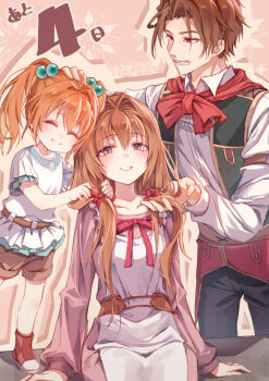 1boy 2girls ahoge antenna_hair bow bowtie brown_eyes brown_hair cassius_bright countdown eiyuu_densetsu estelle_bright facial_hair family grin hair_intakes highres jacket lena_bright long_hair long_sidelocks looking_at_viewer multiple_girls mustache_stubble parent_and_child red_bow red_bowtie red_eyes shoes short_hair shorts sidelocks sitting smile sneakers sora_no_kiseki standing stubble twintails willfin