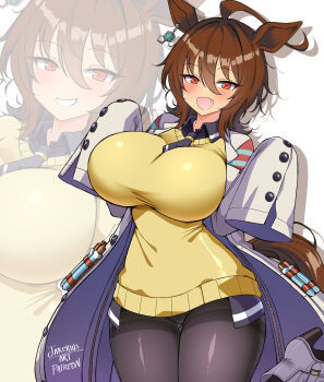 1girl agnes_tachyon_(tach-nology)_(umamusume) agnes_tachyon_(umamusume) ahoge animal_ears black_necktie black_pantyhose blush breasts brown_hair coat collared_shirt cork earrings fang grin hair_between_eyes highres horse_ears horse_girl horse_tail huge_ahoge jarckius jewelry lab_coat large_breasts long_sleeves looking_at_viewer medium_hair necktie open_mouth pantyhose red_eyes shirt shoes short_necktie single_earring skin_fang sleeves_past_fingers sleeves_past_wrists smile sweater sweater_vest tail test_tube umamusume white_coat yellow_sweater yellow_sweater_vest zoom_layer