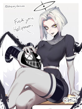 1girl angel angel_wings arm_support artist_name black_halo black_lips crossed_legs english_text eyelashes grey_hair halo hazbin_hotel hellaverse highres horned_mask horns lute_(hazbin_hotel) mask orouu pale_skin patreon_username profanity short_hair single_horn sitting solo thighhighs unworn_mask wings yellow_eyes