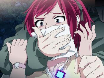 Rule 34 | chloroform, hand over another's mouth, holding another's wrist, nemurihime makan, nighthawk (circle), red hair, wide-eyed