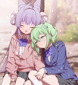 2girls ahoge alternate_costume black_skirt blazer blue_bow blue_bowtie blue_jacket bow bowtie closed_eyes closed_mouth commentary cone_hair_bun day diagonal-striped_bow diagonal-striped_bowtie diagonal-striped_clothes double_bun drooling falling_petals green_hair hair_bun hair_ornament hair_rings hashtag-only_commentary highres holding_hands interlocked_fingers jacket layered_sleeves leaning_on_person long_hair long_sleeves looking_at_another medium_hair miniskirt multicolored_eyes multiple_girls nyancul open_mouth outdoors petals pink_jacket pleated_skirt pom_pom_(clothes) pom_pom_hair_ornament purple_hair school_uniform shirt sitting skirt sleeping sleeping_upright sleeves_past_wrists stellive striped_bow striped_bowtie striped_clothes symbol-only_commentary tenko_shibuki twintails two-tone_eyes very_long_hair virtual_youtuber white_shirt wispy_bangs yuri yuzuha_riko