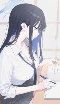 1girl absurdres blouse blue_archive blue_eyes blue_hair blue_halo blue_necktie blue_nns09 breasts cleavage closed_mouth collared_shirt colored_inner_hair commentary_request from_side grey_skirt halo highres large_breasts long_hair long_sleeves multicolored_hair necktie pen saori_(blue_archive) school_uniform shirt skirt smile solo white_shirt