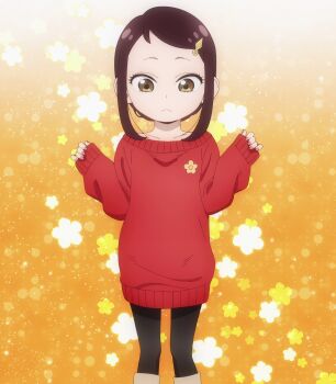 1girl becky_blackbell brown_eyes brown_hair child cosplay dress feet_out_of_frame flower hair_ornament hair_up hairclip highres nail_polish pink_nails red_sweater sidelocks solo_focus sparkle spread_legs spy_x_family stitched sweater sweater_dress thighs third-party_edit yor_briar yor_briar_(cosplay)