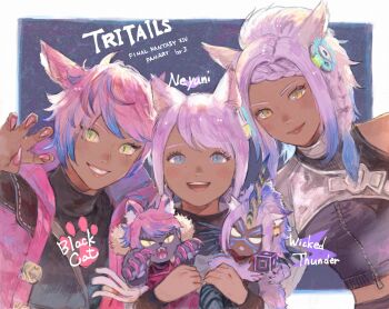 3girls :d animal_ears blue_eyes braid cat_ears cat_girl character_doll character_name claw_pose commentary copyright_name dark-skinned_female dark_skin doll english_commentary eutrope_(ff14) final_fantasy final_fantasy_xiv fingernails grin highres holding holding_doll j2_path jacket looking_at_viewer midriff miqo&#039;te multiple_girls neyuni_(ff14) open_mouth orange_eyes pink_hair pink_jacket pink_nails ponytail purple_hair sharp_fingernails siblings sisters slit_pupils smile turtleneck yaana_(ff14) yellow_eyes