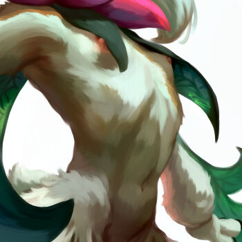 1girl baddelz body_fur breast_focus breasts cat_girl flat_chest furry furry_female green_fur head_out_of_frame highres meowscarada navel nintendo nipples pokemon pokemon_(creature) pokemon_focus solo two-tone_fur upper_body