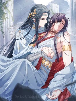 2boys ahoge alternate_costume alternate_universe ancient_greek_clothes armlet bare_shoulders belt black_hair blue_cape blurry blurry_foreground bracer broken_pillar cape chain closed_eyes coat collarbone column couple dated gold_armlet gold_belt gold_chain gold_collar gold_necklace greco-roman_clothes hair_down hair_ornament hair_over_one_eye half_updo hand_on_another&#039;s_shoulder headband highres holding_hands jewelry kimako_(kimako_8) lan_wangji leaf light_particles long_hair long_sleeves looking_at_another male_focus modao_zushi multiple_boys necklace off_shoulder official_alternate_hairstyle open_clothes open_coat parted_lips pillar red_cape robe rock side_cape sidelocks sitting twitter_username very_long_hair watermark watermark_grid wei_wuxian wei_wuxian_(yiling_laozu) white_coat white_headband white_robe wide_sleeves yaoi yellow_eyes