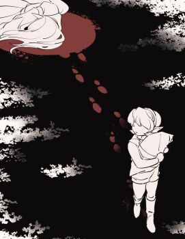 Rule 34 | 1boy, 2girls, baby, blood, boots, carrying baby, carrying person, corpse, footprints, from above, greyscale, hairband, link, long hair, looking back, monochrome, multiple girls, nintendo, pointy ears, pool of blood, sansan3z0f, saria (zelda), spot color, the legend of zelda, the legend of zelda: ocarina of time, tunic