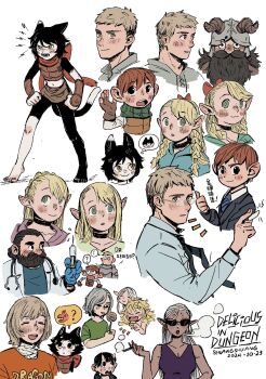 2024 alternate_costume beard black_hair blonde_hair blush bow braid brown_hair candy cat_girl chalk chilchuck_tims choker cithis closed_eyes coat collarbone contemporary dark-skinned_female dark_skin dated dungeon_meshi elf english_text facial_hair fake_horns falin_touden falin_touden_(chimera) feathers fingerless_gloves fleki food gauntlets glasses gloves green_eyes grey_hair helmet highres horned_helmet horns inutade izutsumi laios_touden lollipop long_hair lycion marcille_donato mithrun mustache necktie open_mouth pointy_ears senshi_(dungeon_meshi) short_hair shuangshuang_hao smile smoke smoking speech_bubble stethoscope sunglasses syringe tank_top thought_bubble thumbs_up twintails upper_body white_background yellow_eyes