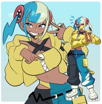 1girl absurdres aqua_hair baggy_pants bandeau black_mask blonde_hair breasts canari_(pokemon) center-flap_bangs criss-cross_straps cropped_jacket dark-skinned_female dark_skin highres jacket long_sleeves mask mask_pull medium_breasts mega_stone midriff missandydandy mouth_mask multicolored_hair multiple_views nintendo pants pokemon pokemon_legends:_z-a short_twintails solo split-color_clothes split-color_hair twintails two-tone_mask two-tone_pants yellow_bandeau yellow_jacket yellow_mask