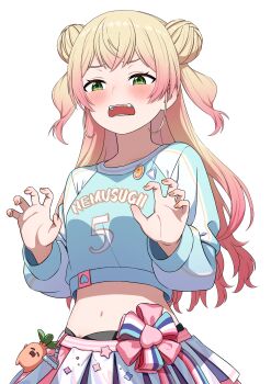 1girl blonde_hair blue_shirt blush bow breasts character_charm charm_(object) claw_pose clothes_writing commentary_request crop_top cropped_shirt double_bun embarrassed fang gradient_hair green_eyes hair_bun highres hololive layered_skirt long_hair long_sleeves looking_at_viewer looking_down midriff momosuzu_nene momosuzu_nene_(cheerleader) multicolored_bow multicolored_hair multicolored_skirt nail_polish navel number_print official_alternate_costume open_mouth orange_nails pink_hair pink_skirt rainna shirt sidelocks simple_background skirt solo stomach teeth two_side_up virtual_youtuber white_background white_skirt