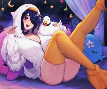 Rule 34 | 1girl, alternate costume, animal hood, ass, bird, black hair, breasts, choker, cityscape, cleavage, commentary, duck, duck tail, english commentary, eyeshadow, fang, hair over one eye, hands up, highres, hood, hoodie, large breasts, leg up, looking at viewer, lying, makeup, mole, mole on breast, mole under eye, nail polish, night, on bed, open mouth, orange thighhighs, original, partially unzipped, purple nails, red eyes, short hair, sitting, sky, smile, star (sky), starry sky, studded choker, stuffed toy, the scarlet devil, thighhighs, thighs, vivienne (the scarlet devil), white hoodie, zettai ryouiki