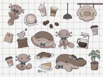 :3 :o bag black_eyes blue_bow blue_bowtie bow bowtie ceiling_light clodsire closed_mouth coffee_beans coffee_grinder coffee_mug coffee_pot cup disposable_coffee_cup disposable_cup drink drinking_straw food fork grid_background highres leaf mug nintendo no_humans nostrils open_mouth paldean_wooper paper_bag pastry plant pokemon pokemon_(creature) potted_plant saucer sign smile smprfms spoon tape waving whipped_cream white_background