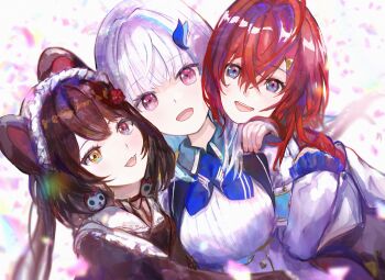 Rule 34 | 3girls, :d, absurdres, ange katrina, ange katrina (1st costume), animal ears, animal hair ornament, blue eyes, blue hair, blue neckerchief, brown hair, brown kimono, collared shrug, colored inner hair, commentary, dah1ie, dog ears, dutch angle, eyelashes, fang, flower, group picture, hair between eyes, hair flower, hair ornament, hand on another's shoulder, hand up, head on another's shoulder, head rest, heterochromia, highres, hug, inui toko, inui toko (1st costume), japanese clothes, kimono, light blush, lize helesta, lize helesta (1st costume), long bangs, long hair, looking at viewer, maid headdress, multicolored hair, multiple girls, neckerchief, nijisanji, open mouth, purple eyes, red eyes, red hair, sanbaka (nijisanji), shirt, shrug (clothing), skin fang, smile, streaked hair, symbol-only commentary, two-tone hair, virtual youtuber, waist hug, white background, white hair, white headdress, white shirt, white shrug, yellow eyes