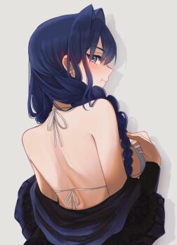 1girl alternate_breast_size_(smaller) back black_dress blue_eyes blue_hair blush bra braid breasts clothes_pull commentary dress dress_pull embroidered_dress eneeues english_commentary fanged_bangs from_behind hair_intakes hair_over_shoulder halterneck highres hololive hololive_english long_hair looking_at_viewer looking_back low_twin_braids median_furrow medium_breasts official_alternate_costume official_alternate_hairstyle ouro_kronii ouro_kronii_(maid) pout shoulder_blades sideboob simple_background solo twin_braids underwear upper_body virtual_youtuber white_bra