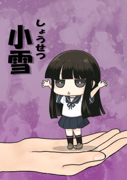 1girl 1other arms_up black_hair blue_sailor_collar blue_skirt blunt_bangs commentary_request grey_eyes hatsuyuki_(kancolle) highres kantai_collection mini_person minigirl pleated_skirt purple_background sailor_collar sailor_shirt school_uniform serafuku shirt skirt solo_focus standing standing_on_another&#039;s_hand translation_request tsun&#039;ichi_(tsun1) white_shirt