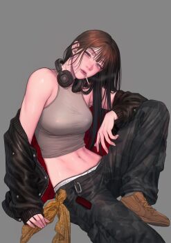 Rule 34 | 1girl, bad thinking diary, bandana, bare shoulders, black hair, black jacket, black pants, brown footwear, camouflage, camouflage pants, cigarette, crop top, green eyes, grey background, grey tank top, halterneck, head tilt, headphones, headphones around neck, highres, jacket, kang yuna (bad thinking diary), knee up, long hair, mouth hold, off shoulder, pants, rangrarii, simple background, sitting, solo, tank top, yellow bandana