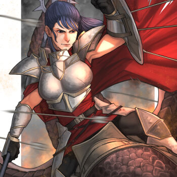 Rule 34 | 1girl, armor, arrow (projectile), belt, blue eyes, blue hair, cape, dragon, gloves, highres, lance, larentia (tear ring saga), long hair, nanbu yasumi, polearm, scales, shield, solo, tear ring saga, tear ring saga series: berwick saga, teeth, weapon