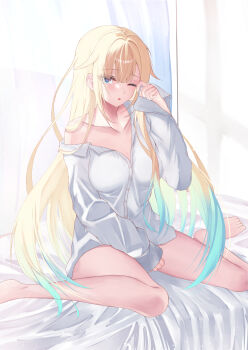 1girl absurdres aizawa_ema barefoot blonde_hair blue_eyes blue_hair buttons collarbone collared_shirt colored_tips commentary_request highres kaeha long_hair long_sleeves multicolored_hair one_eye_closed shirt single_bare_shoulder solo virtual_youtuber vspo! white_shirt