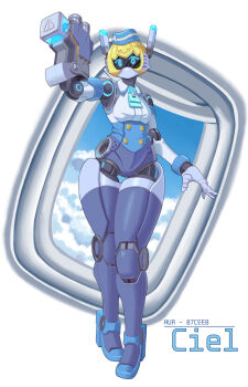 1girl a0robo arm_cannon artificial_eye blonde_hair flight_attendant flight_attendant_hat full_body high_heels highres joints metal_skin no_mouth original robot_girl robot_joints solo travel_attendant weapon