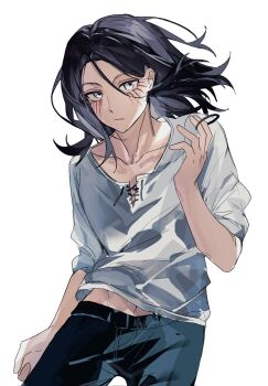 1boy black_hair black_pants closed_mouth commentary cowboy_shot eren_yeager facial_mark grey_eyes grey_shirt hair_between_eyes hair_tie hashtag-only_commentary highres holding holding_hair_tie looking_at_viewer male_focus me4kiueek02 medium_hair midriff_peek pants parted_bangs shingeki_no_kyojin shirt sleeves_rolled_up solo white_background